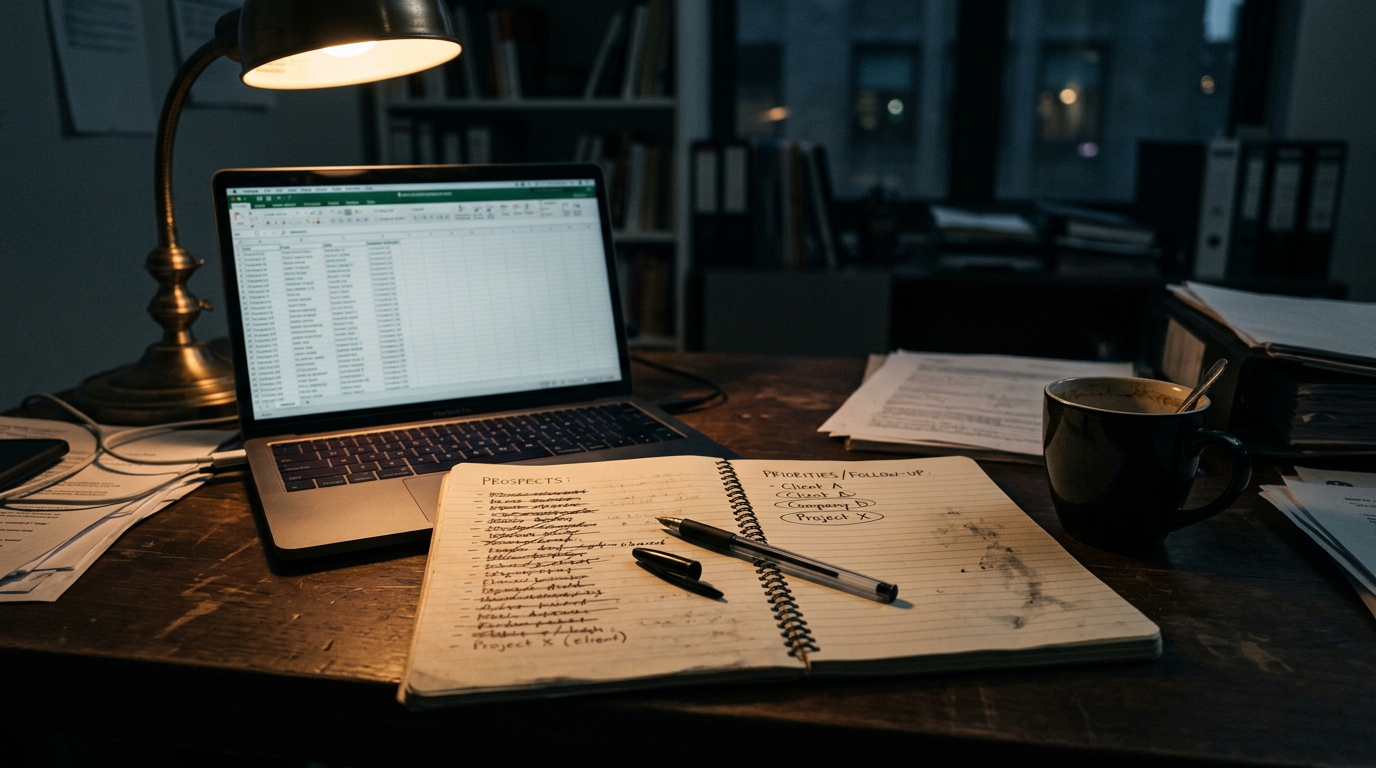Biurko handlowca wieczorem: laptop z arkuszem firm odsunięty, notes z dwiema kolumnami listy, długopis i filiżanka kawy w ciepłym świetle lampki.